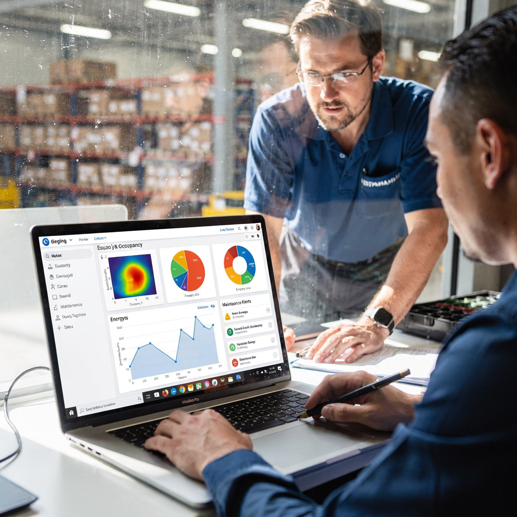 Irányítópult foglaltsági hőtérképekkel, energia‑diagramokkal és karbantartási riasztásokkal