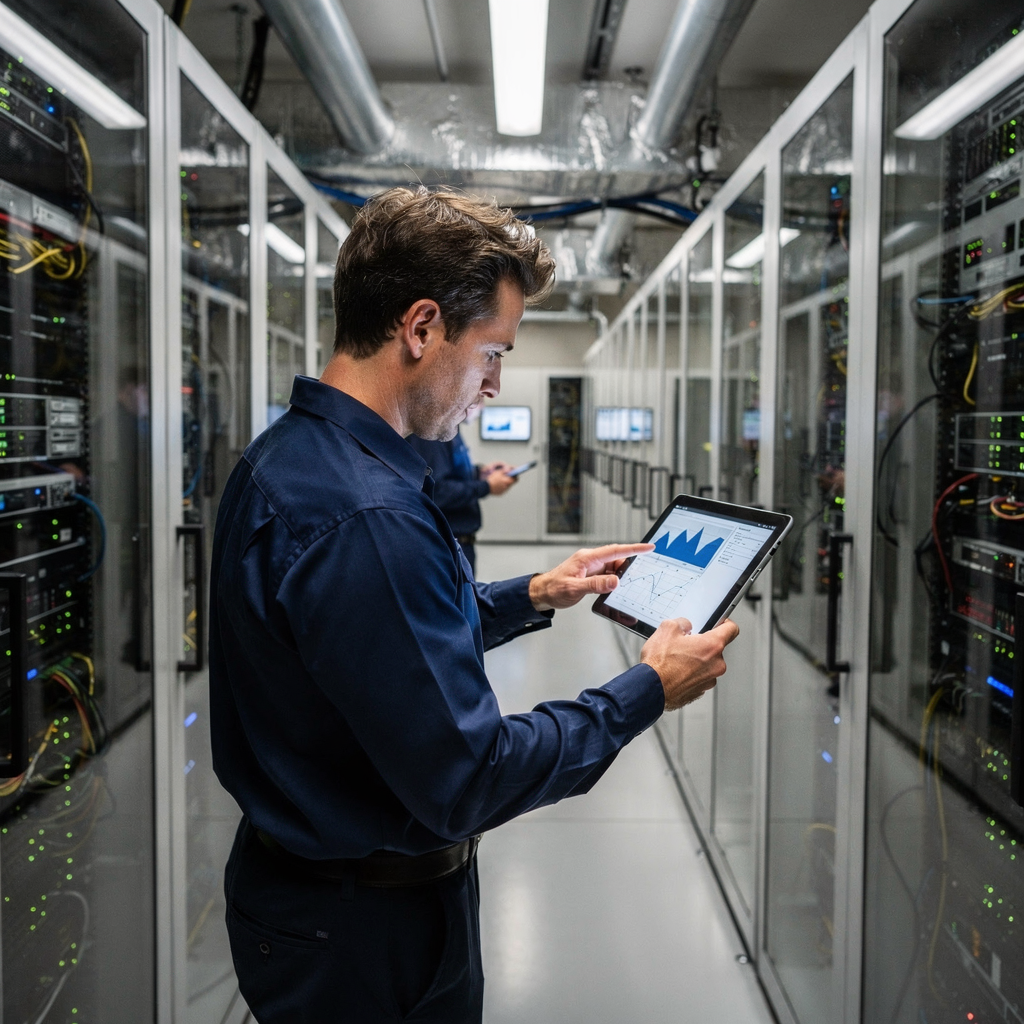 Data center technicians and cooling infrastructure Technicians working in a modern data center aisle with cooling infrastructure visible, racks with high-density equipment, LED lighting, and an engineer reviewing performance metrics on a tablet