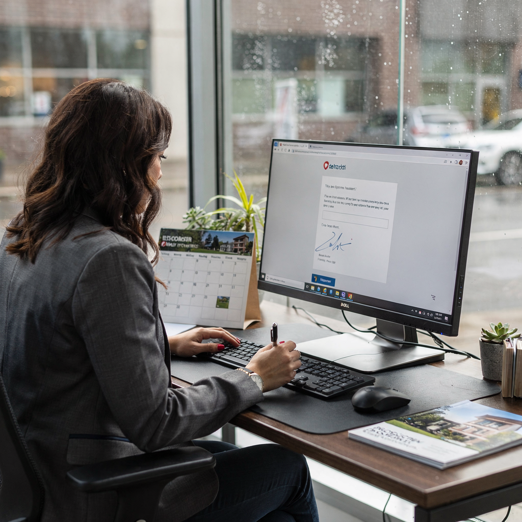 Director composing personalized email A community director at a computer drafting a personalized email to a prospective resident, with a visible calendar and brochure on desk, no text