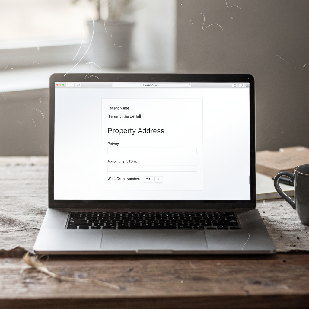 Szablon e-maila z polami zastępczymi na imię najemcy, adres nieruchomości, terminy spotkań i numer zlecenia