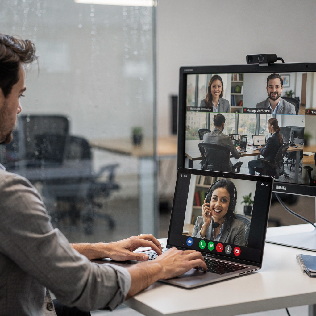 A split-screen image showing a freelancer working on a laptop on one side and a managed VA team on video call on the other, neutral office backgrounds, no text