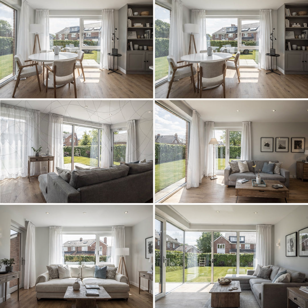 A set of high-quality residential property photos arranged in a grid with indoor and outdoor shots. Clean composition, natural lighting, no people, no text or numbers.