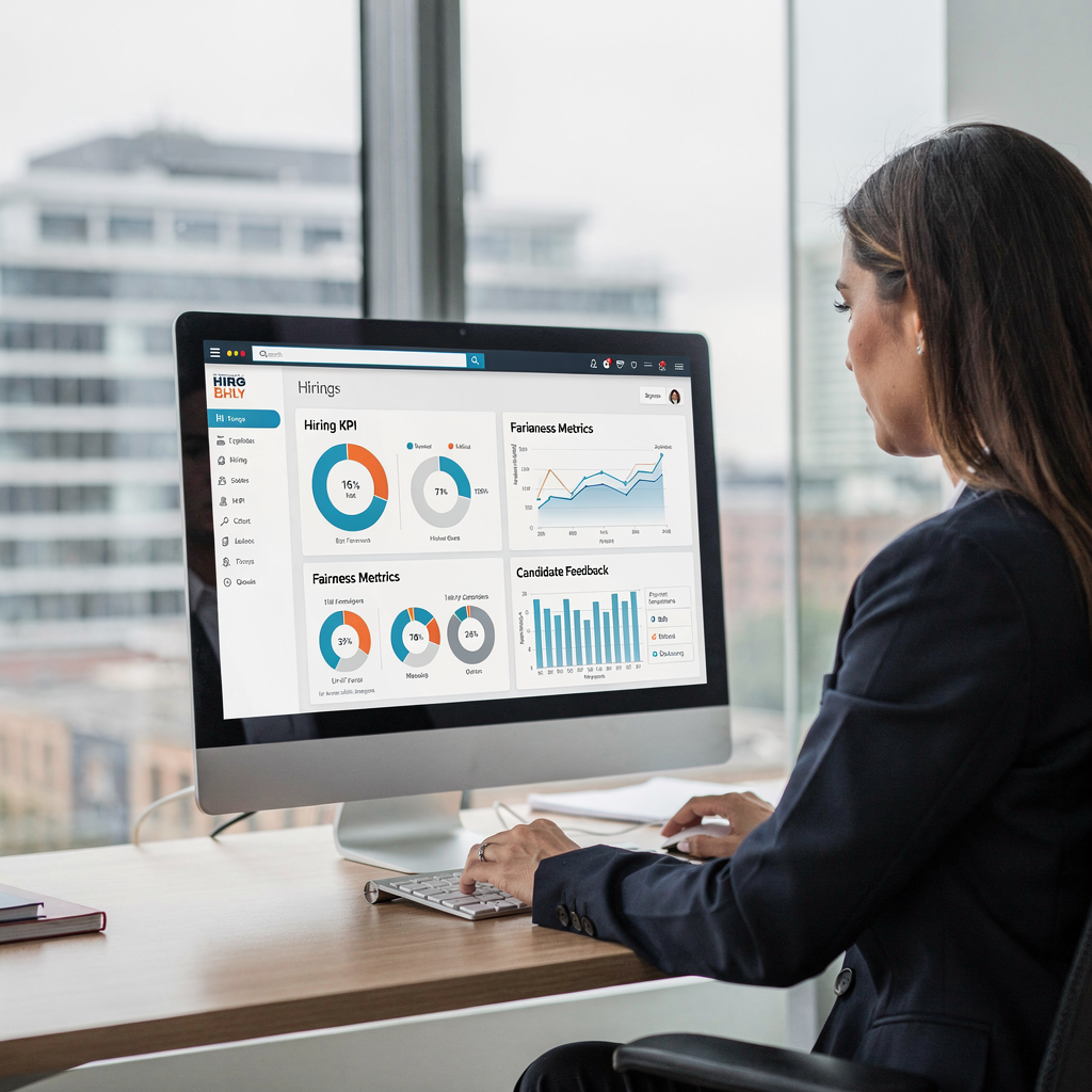HR-manager die dashboards met wervings-KPI's, eerlijkheidsmetingen en kandidaatfeedback bekijkt