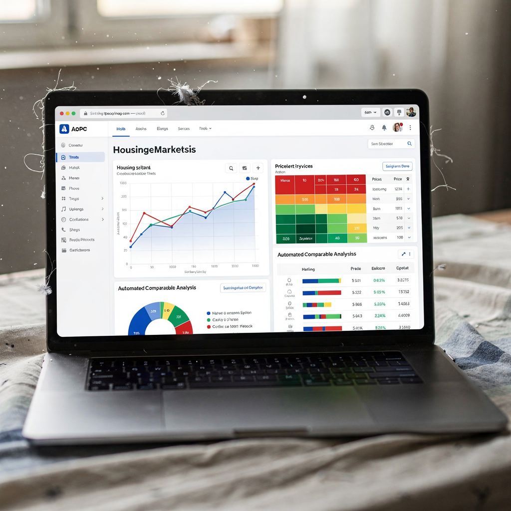 An illustrated dashboard showing housing market trends, price heatmap, and automated comparable analysis on a laptop screen, clean UI
