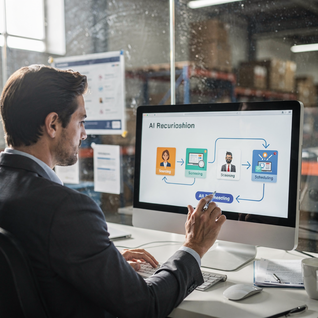 Human recruiter reviewing AI candidate suggestions Illustration of human and AI collaboration in recruitment: a human recruiter reviewing AI-suggested candidate cards on a screen, with workflow arrows showing sourcing, screening, and scheduling