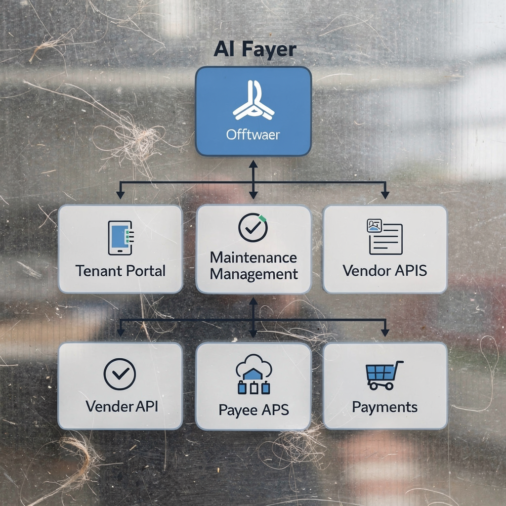 Illustrazione dello stack software per la gestione immobiliare con un livello IA che li collega