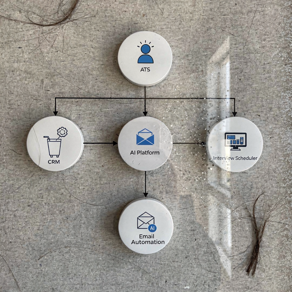 A flowchart style diagram showing interconnected systems: ATS, CRM, AI platform, email automation, and interview scheduler, with clean icons and a neutral background, no text