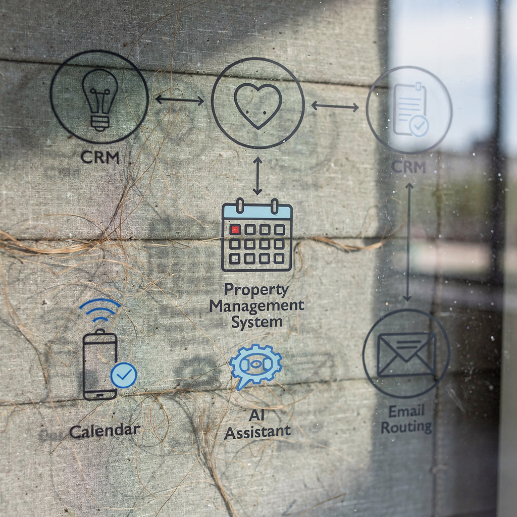 Diagram-style image showing integration flow: CRM, property management system, calendar, AI assistant, and email routing, with icons and clean lines (no text or numbers)