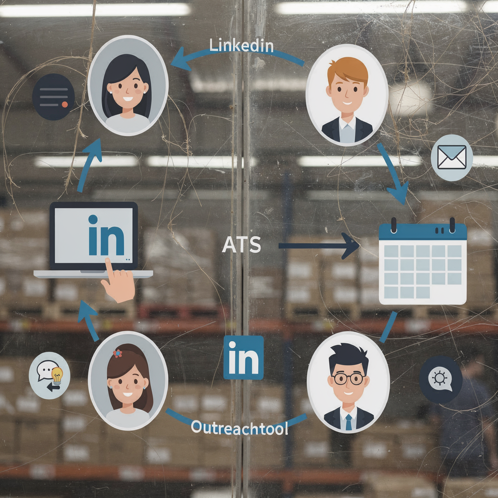 Integration map linking LinkedIn, outreach tool, ATS and calendar Integration map linking LinkedIn, outreach tool, ATS and calendar
