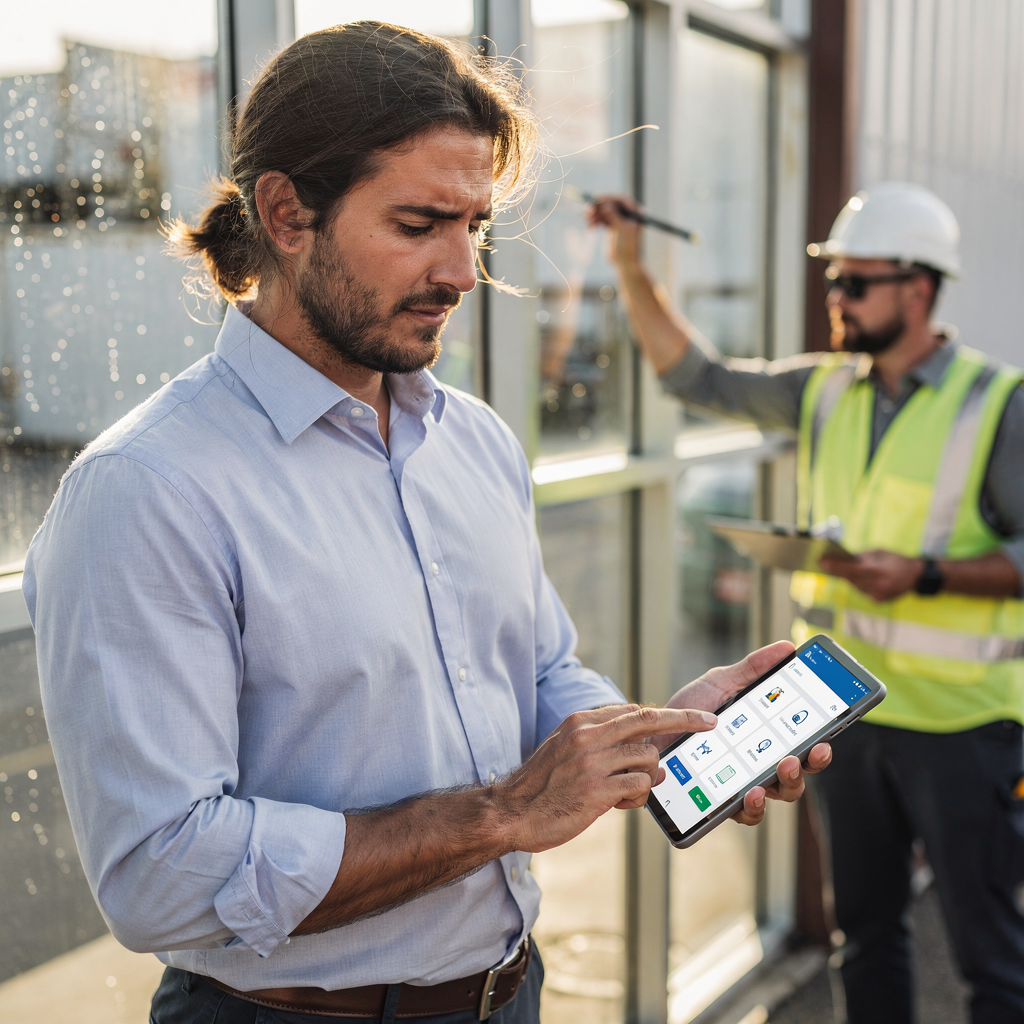 A property manager reviewing a tenant portal on a tablet while a contractor checks a maintenance task in the background, daytime scene, no text
