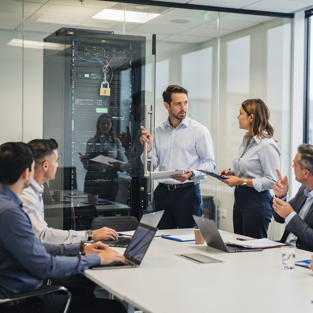 Sala konferencyjna i zabezpieczona szafa serwerowa