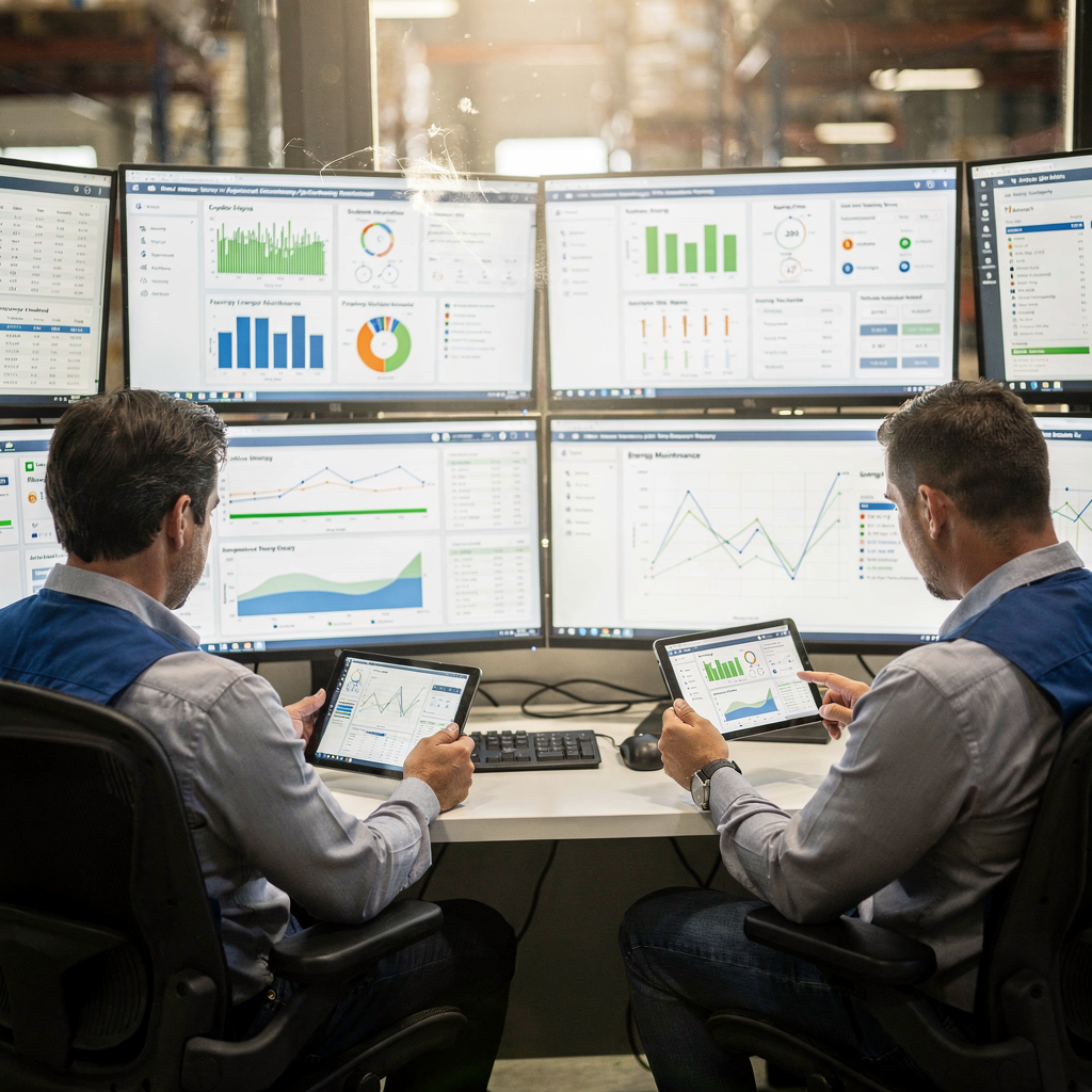 A building operations control room displaying energy and maintenance dashboards, technicians reviewing data on tablets, no text or numbers in image