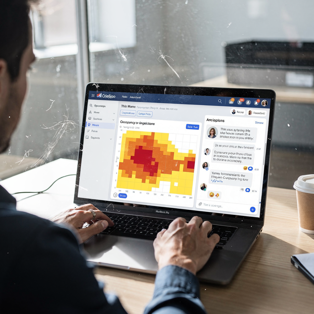 Operatordashboard met bezettings‑heatmap, dynamische prijsaanbevelingen en chattranscripten van een virtuele assistent Operatordashboard met bezettings‑heatmap, dynamische prijsaanbevelingen en chattranscripten van een virtuele assistent