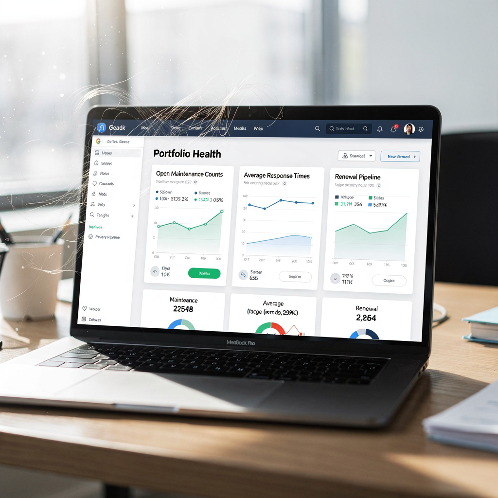 Dashboard showing a portfolio health view with metrics: open maintenance counts, average response times, and renewal pipeline. The dashboard is clean and modern, with graphs and cards, on a laptop screen in a bright office.