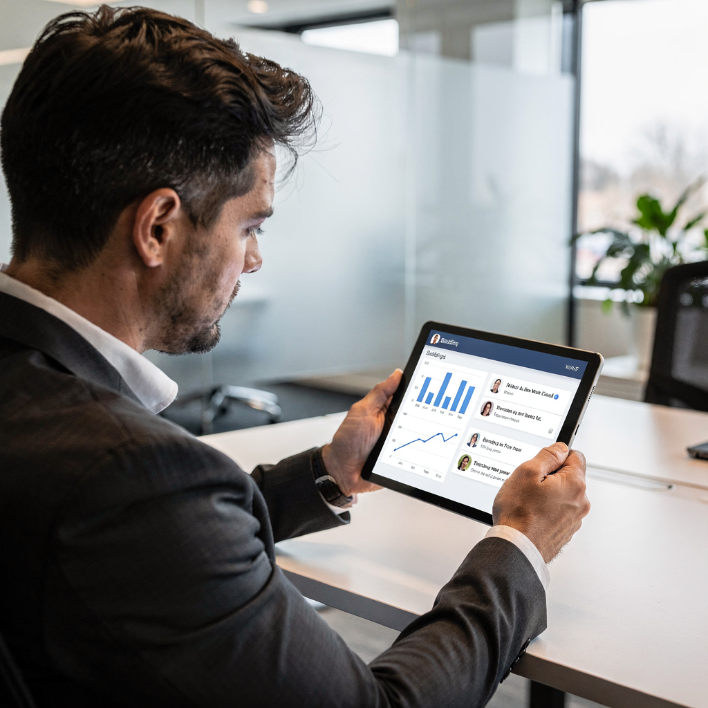 Kierownik nieruchomości przeglądający analizy na tablecie