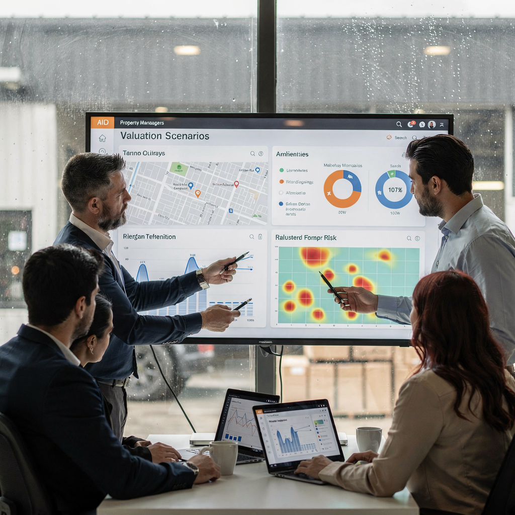 Responsabili immobiliari che esaminano dashboard di valutazione basate su IA