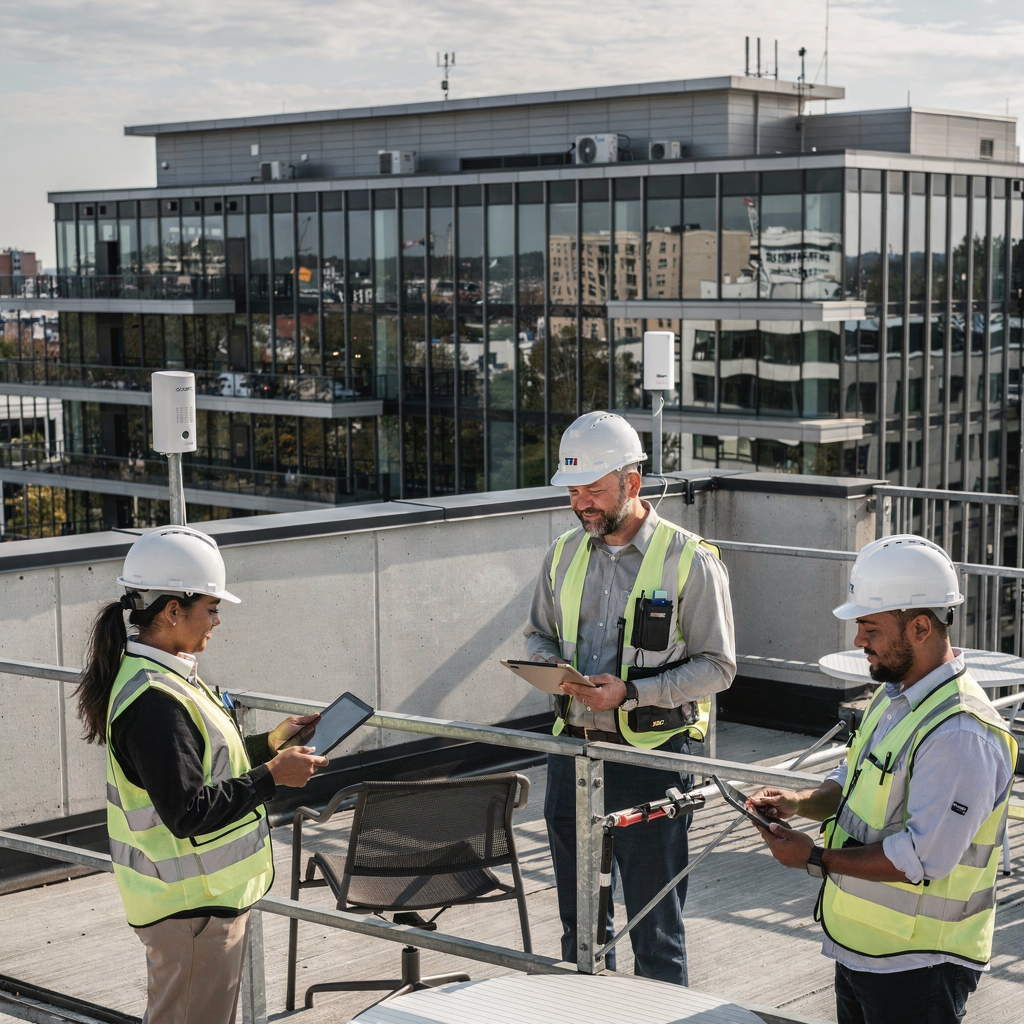 Nieruchomość z personelem konserwacyjnym używającym tabletów do konserwacji predykcyjnej