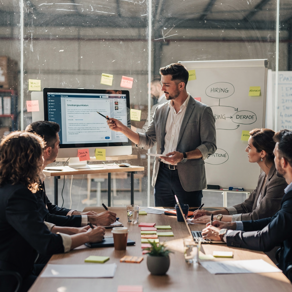 Recruiter die AI-opgestelde e-mailsjablonen in een teamvergadering beoordeelt