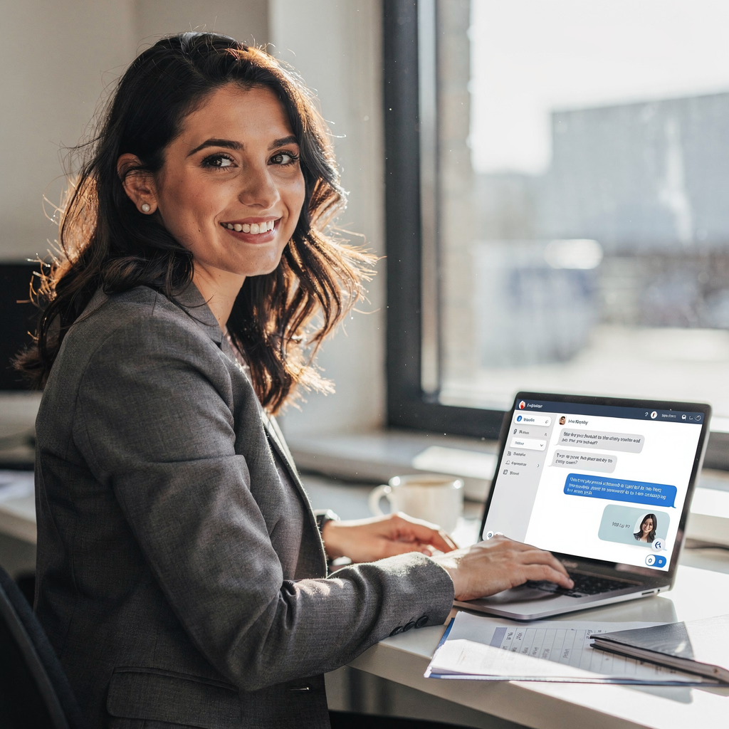 Recruiter using automation for scheduling A recruiter at a desk smiling while a laptop screen shows a scheduling interface and an automated chatbot conversation in a minimal interface (no text or numbers)