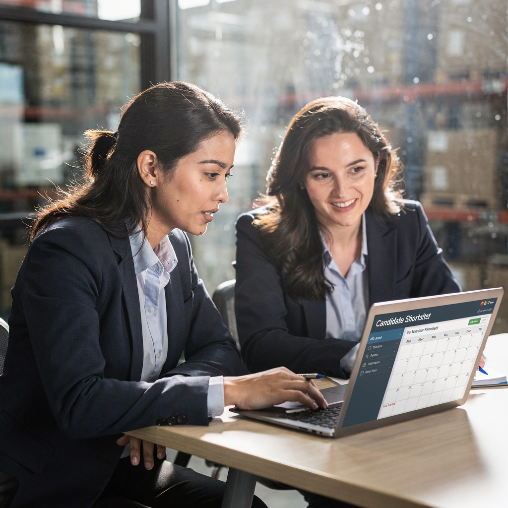 Two recruiters discussing a candidate shortlist on a laptop with a visible calendar and ATS interface, no text or logos