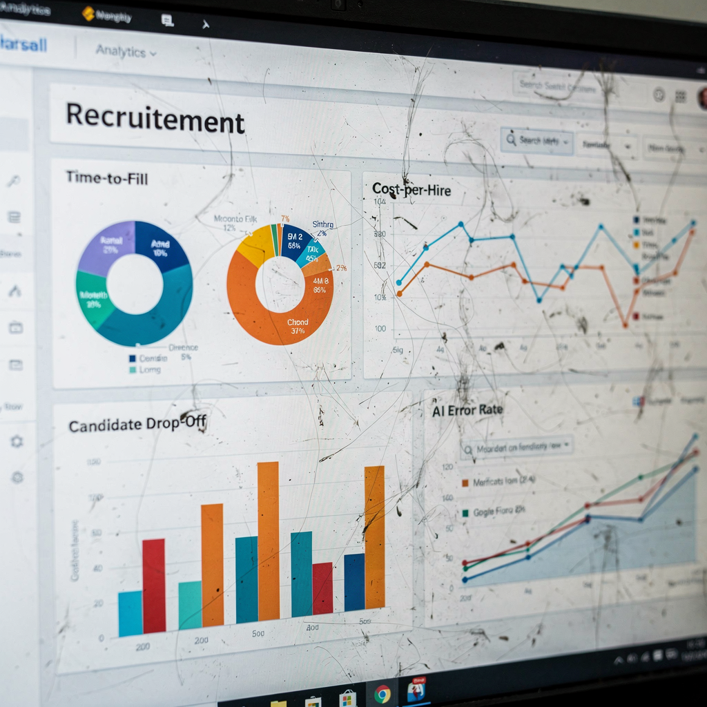 Recruitment analytics dashboard Close-up of an analytics dashboard showing recruitment metrics like time-to-fill, cost-per-hire, candidate drop-off, and AI error rate with colorful charts