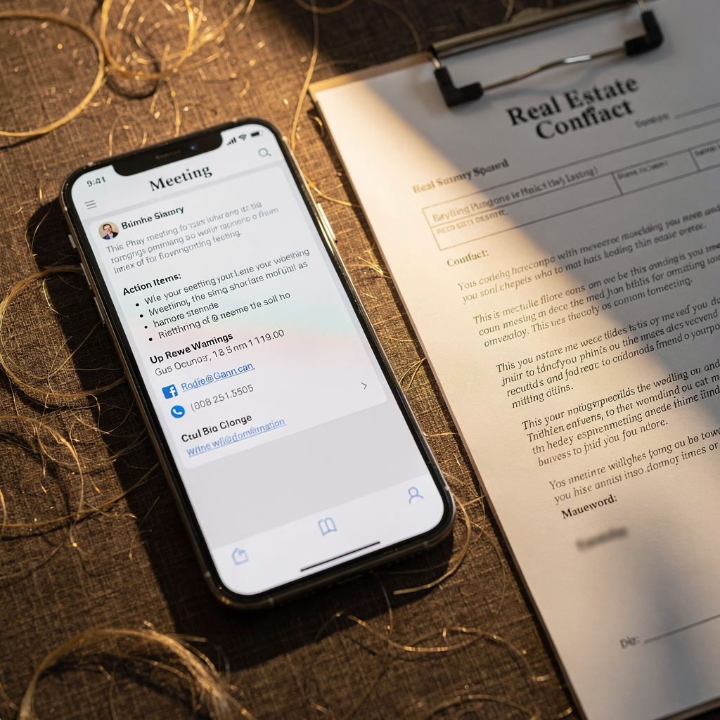 Smarttelefon som viser møtesammendrag med handlingspunkter