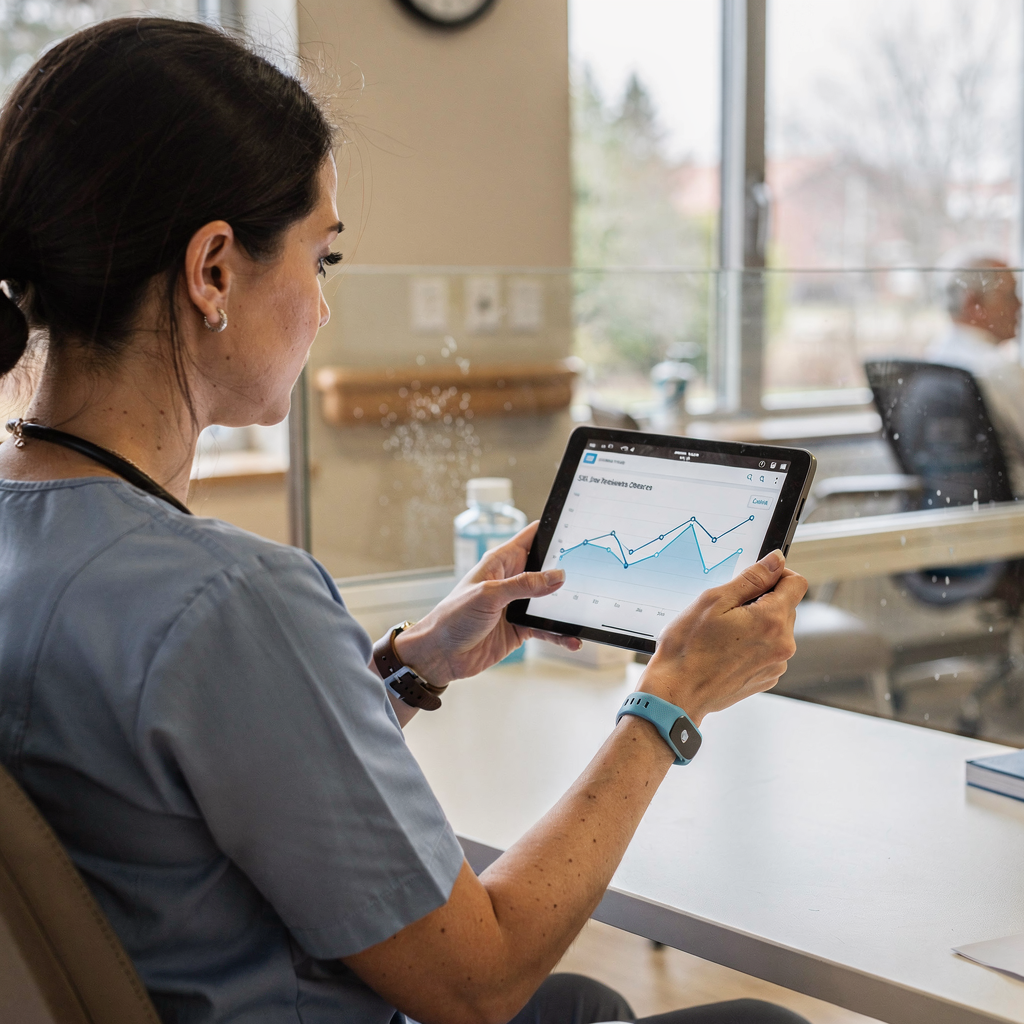 Medewerker bekijkt analyse van draagbare sensoren Medewerker bekijkt analyse van draagbare sensoren