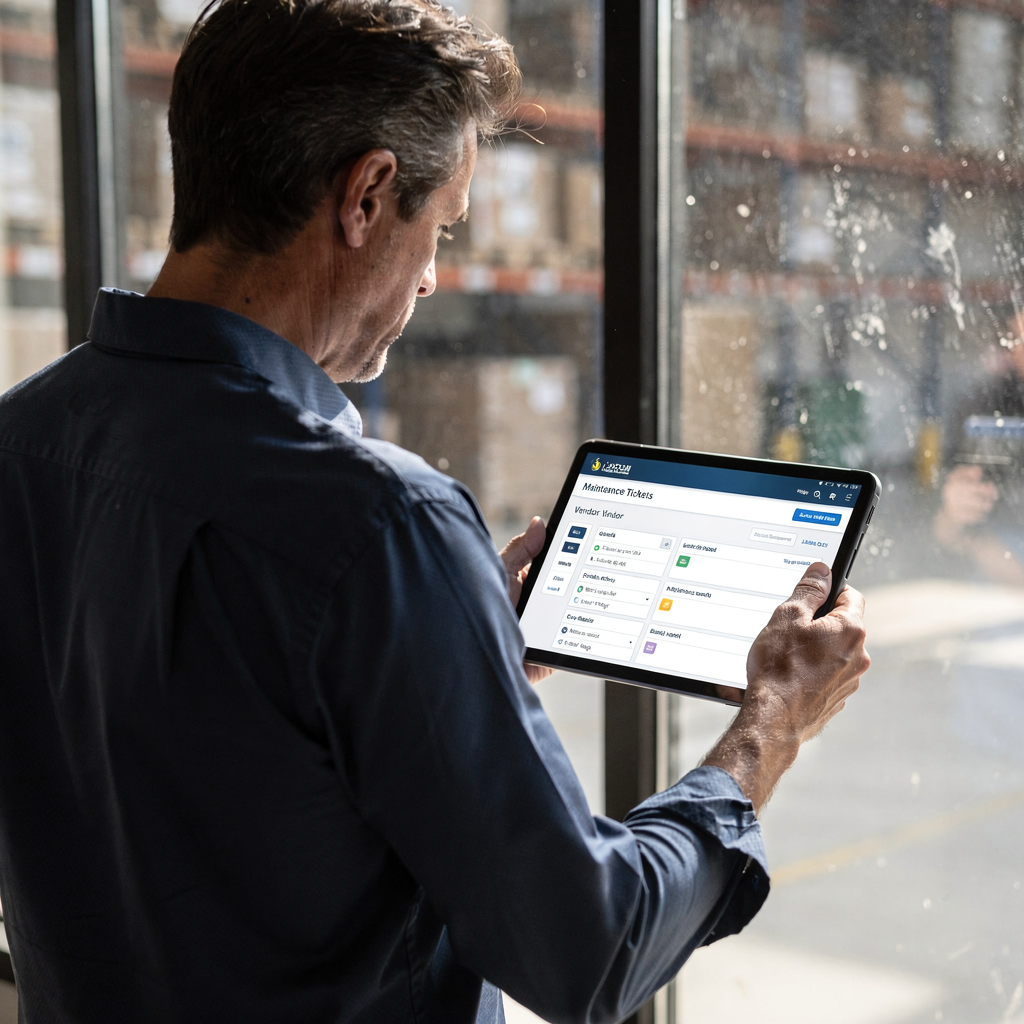 Tableta que muestra un panel de tickets de mantenimiento