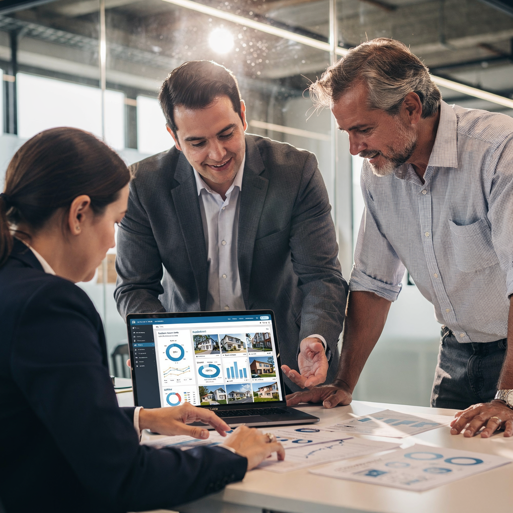 A team of real estate professionals gathered around a laptop reviewing AI dashboard visuals and property data, modern office environment, no text