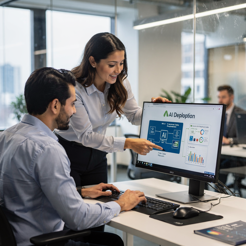IT engineer and hotel operations manager reviewing AI deployment diagram on screen, clear workspace, diverse professionals, no text