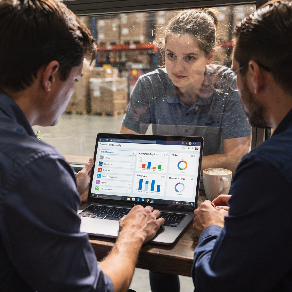 Team reviewing AI email dashboard A small operations team huddled around a laptop reviewing an AI dashboard that shows email categories, ticket counts and response times; no text or numbers