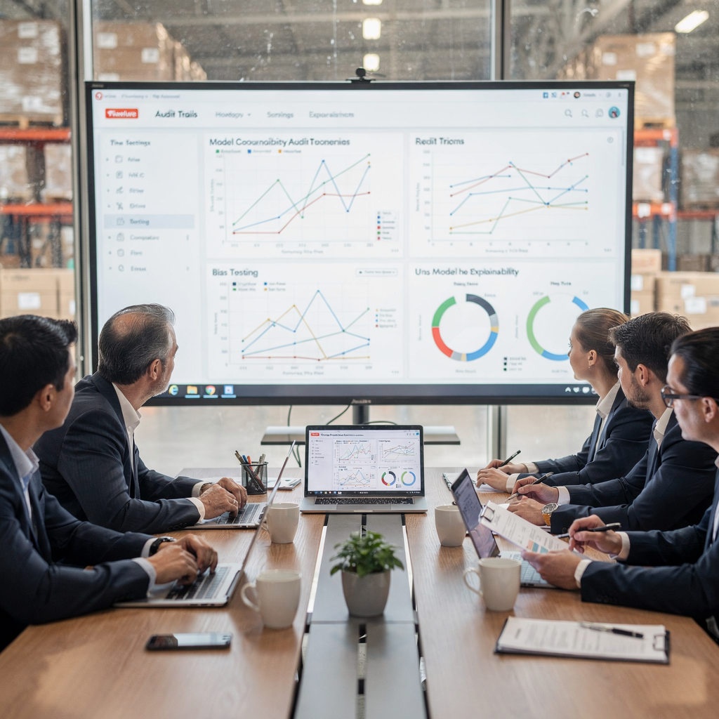 Team reviewing AI governance dashboards A compliance team meeting around a table reviewing dashboards and audit trails on a large screen showing model explainability graphs and bias testing results, no text