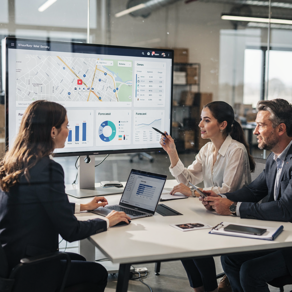 A collaborative workspace where agents and appraisers review a dashboard showing maps, comps and forecast charts; modern meeting, natural lighting, no text
