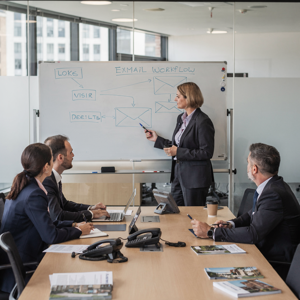 Team som gjennomgår e-postarbeidsflytdiagrammer