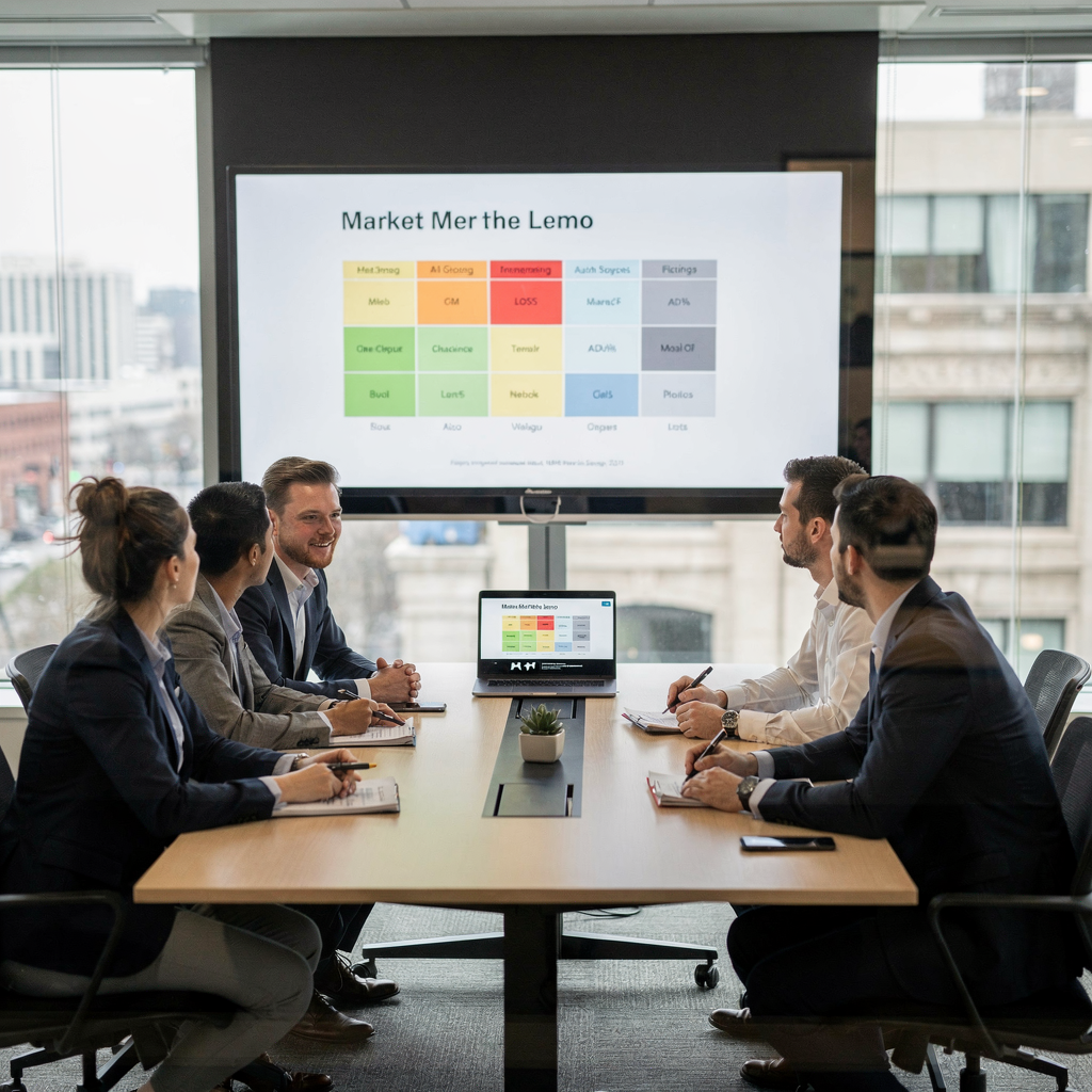 Team using AI market analytics and generative summaries