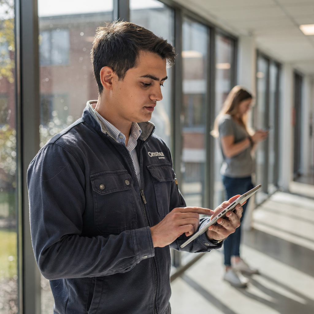 Technicus die een tablet gebruikt in een gang van studentenhuisvesting