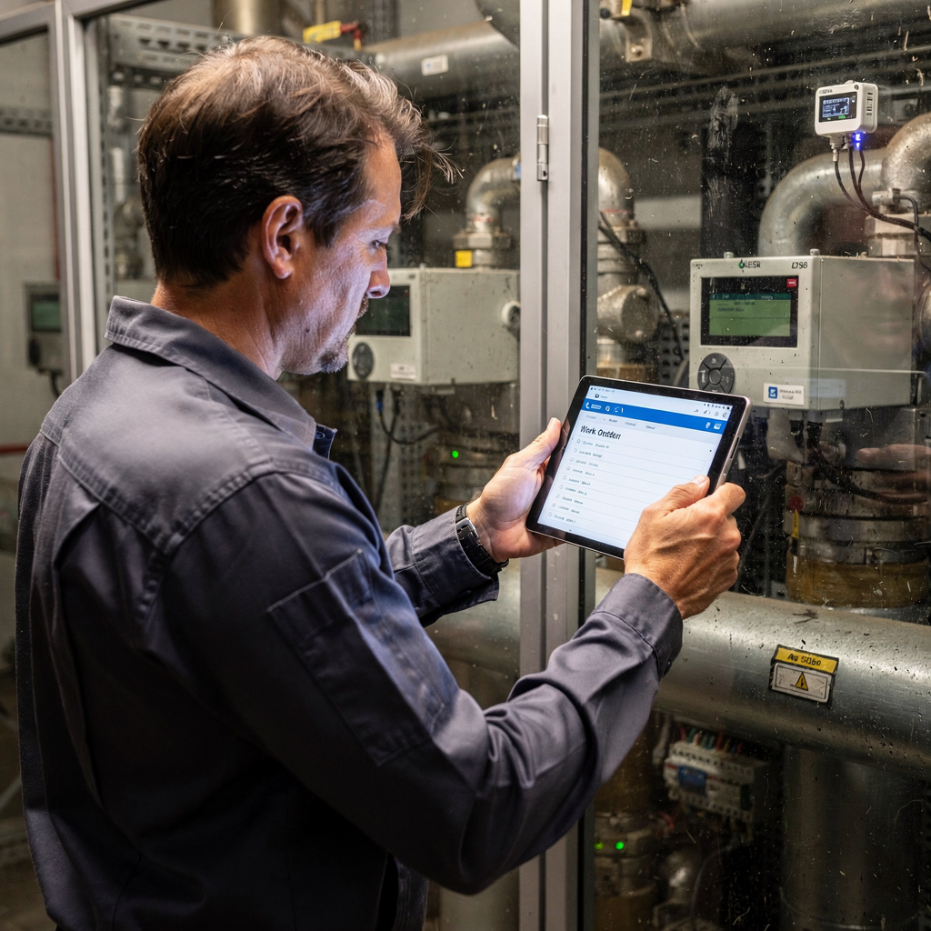 Technician using tablet in a mechanical room with equipment labels, work order list on screen, and a small IoT sensor visible on a pipe