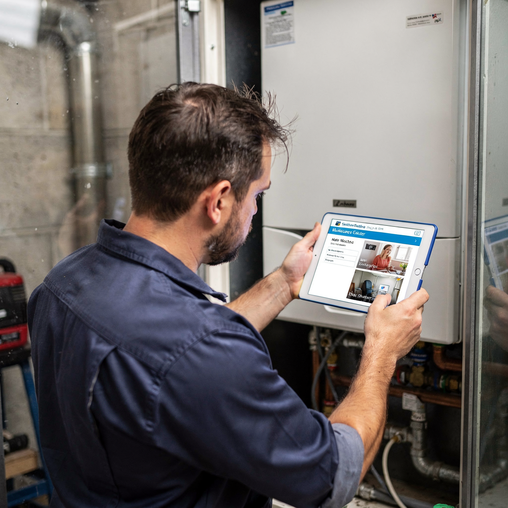 A technician inspecting a residential boiler while a tablet displays a maintenance ticket and photos submitted by a tenant, natural colours, no text