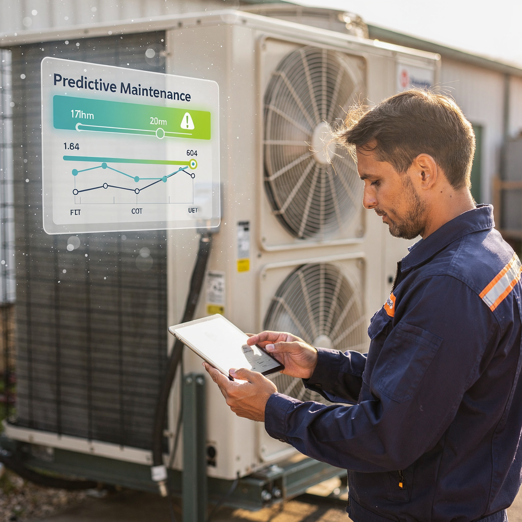 Tekniker med nettbrett som viser varsler for prediktivt vedlikehold