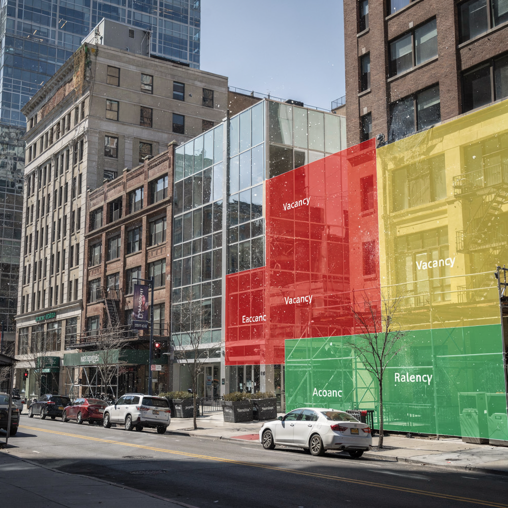 An urban street with mixed-use buildings and colored overlays showing vacancy and rent growth zones, no text or numbers