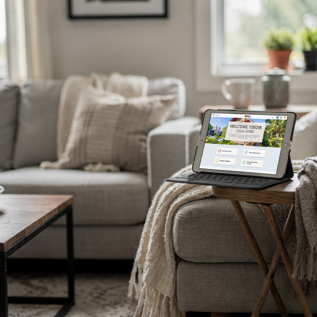 Woonkamer van vakantiewoning met lokale gids op tablet Woonkamer van vakantiewoning met lokale gids op tablet