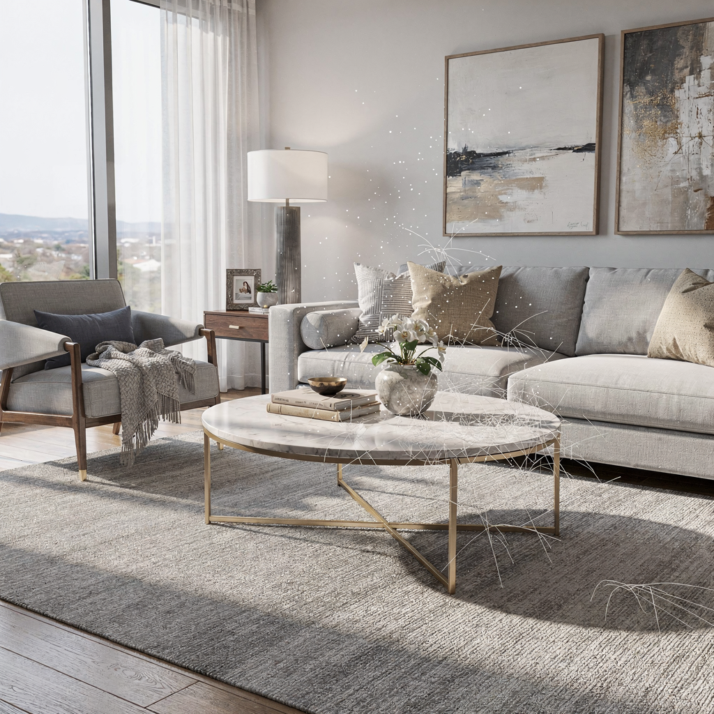 Virtually staged living room A staged living room created by virtual staging software with bright modern furniture, neutral palette, wide-angle perspective, no text