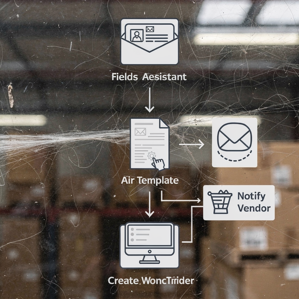 A simplified workflow diagram showing an AI assistant extracting fields from an email, populating a template, creating a work order, and notifying a vendor. Use minimalist icons and clean layout without text.