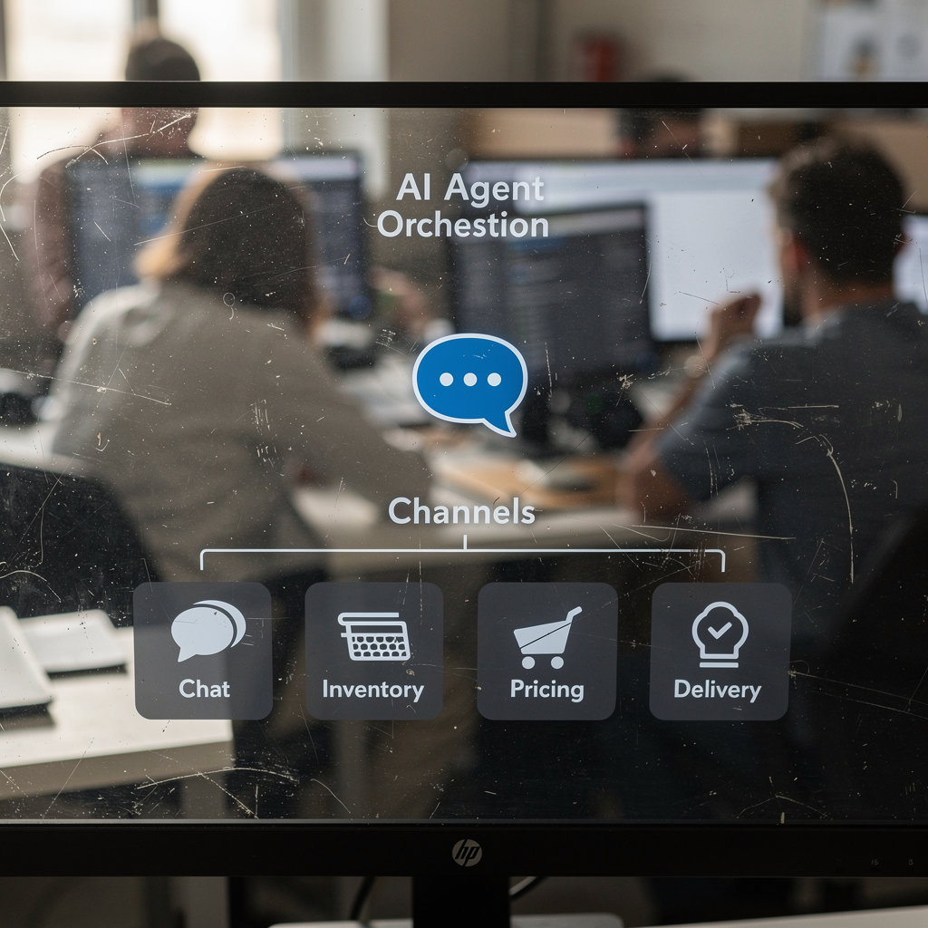 A dashboard view showing AI agent orchestration across channels with icons for chat, inventory, pricing and delivery, people working at computers in the background